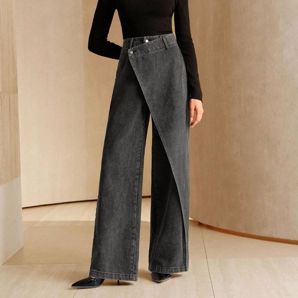 Black Casual Women's Asymmetrical Denim Jeans